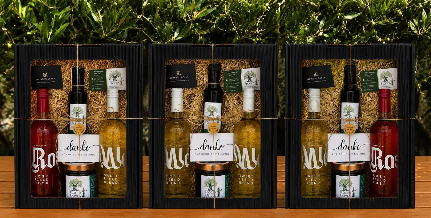 Drei Genusspakete von Weinbau Ecker mit je zwei Weinflaschen, Olivenöl und Oliven von Flogea