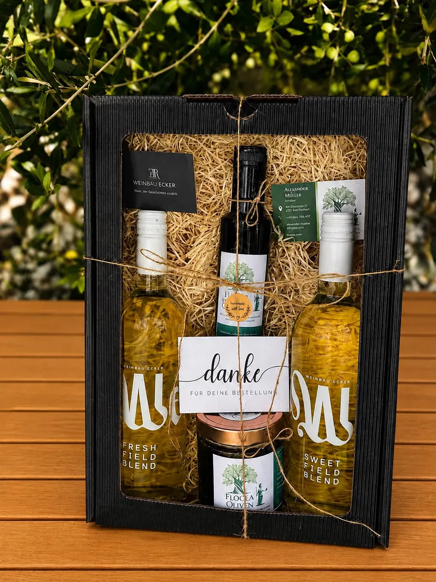 Genusspaket Zweimal Weiß von Weinbau Ecker mit Fresh Field Blend, Sweet Field Blend, Olivenöl und Oliven von Flogea