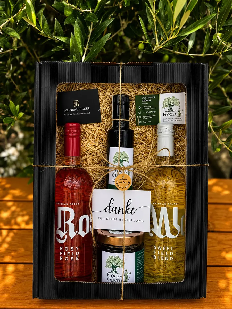 Genusspaket Rosé & Sweet von Weinbau Ecker mit Rosy Field Rosé, Sweet Field Blend, Olivenöl und Oliven von Flogea